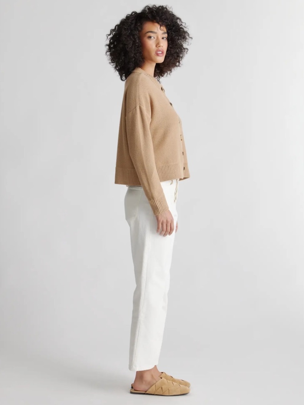 Quince Women’s 100% Organic Cotton Cropped Cardigan Camel Color Size Small - Picture 3 of 10